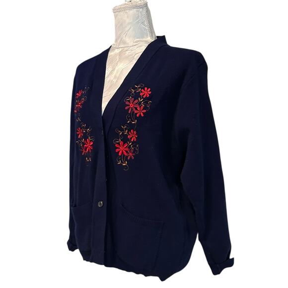 Vintage Pitlochry Navy Blue Cardigan Sweater Women Sz Medium Floral Embroidered - Picture 16 of 16